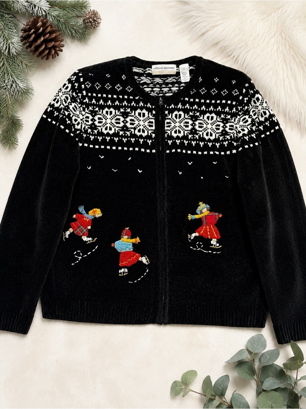 Vintage Alfred Dunner Ice Skater Chenille Zip Cardigan | 1X | Winter Fair Isle